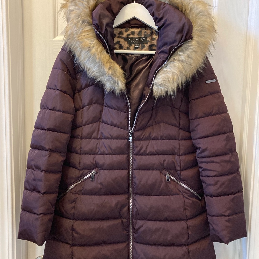 Laundry By Shelli Segal Burgundy Puffer Coat with Removable Faux Fur Hood